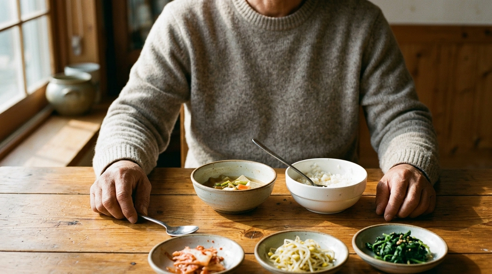 식탁에서 밥을 절반쯤 남기고 수저를 내려놓은 중년의 손과 어깨