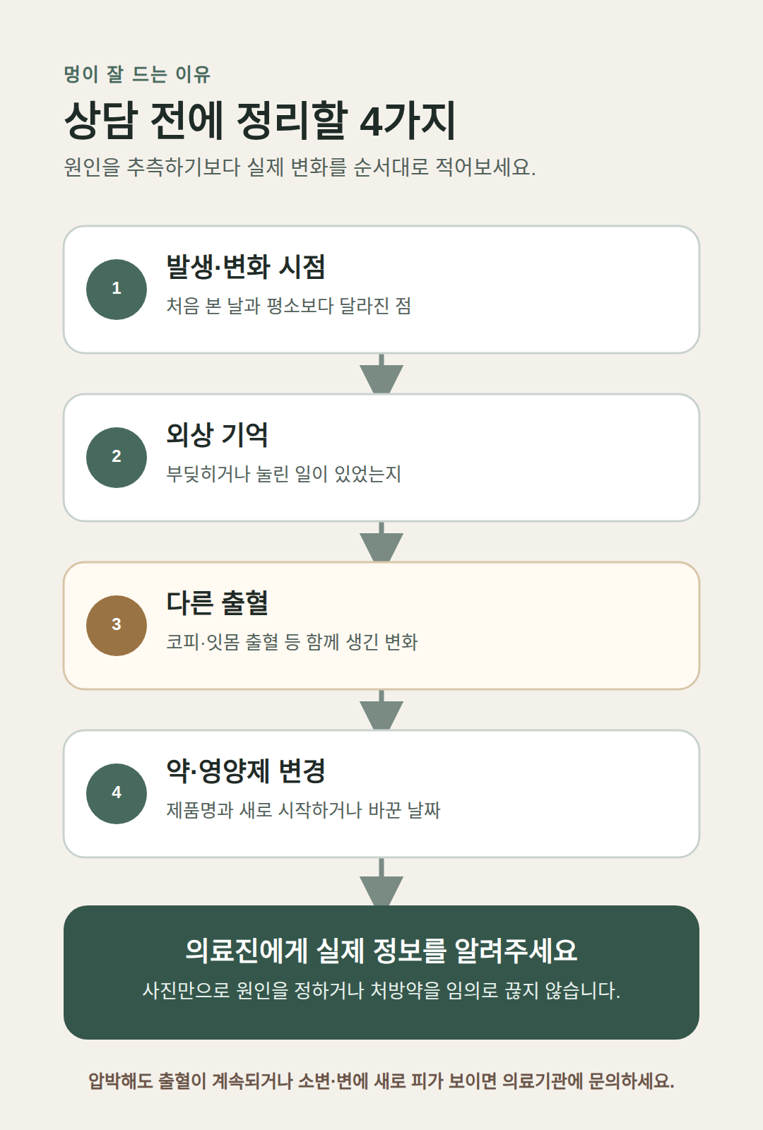 발생 시점, 외상, 다른 출혈, 약과 영양제 변경을 차례로 확인하는 상담 흐름도