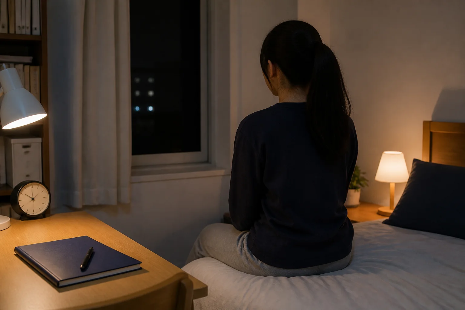 시험기간 밤, 닫힌 교재와 시계가 있는 침실에서 취침을 준비하는 학생의 뒷모습