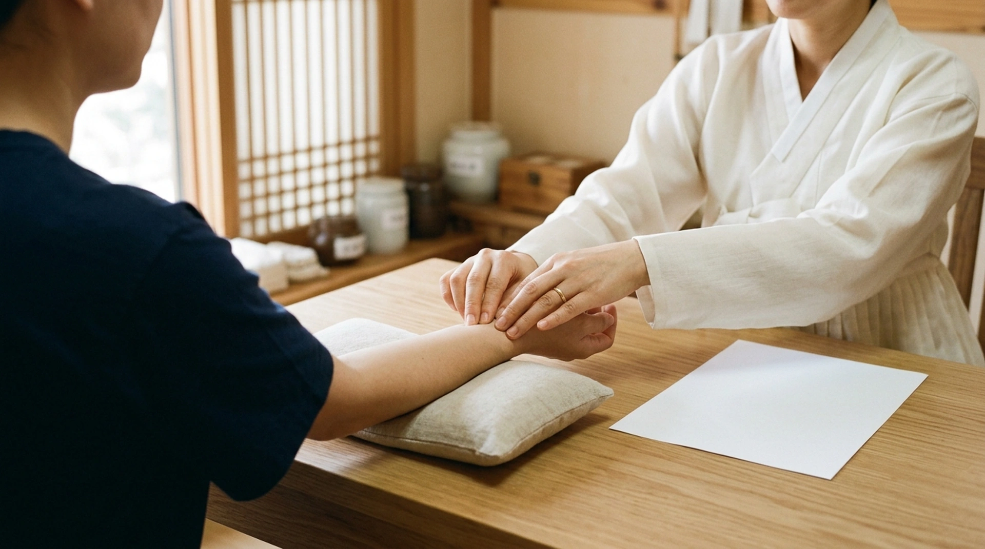 진료실에서 원장이 환자의 맥을 짚어 체질과 변증을 확인하는 진찰 과정을 보여주는 설명용 이미지