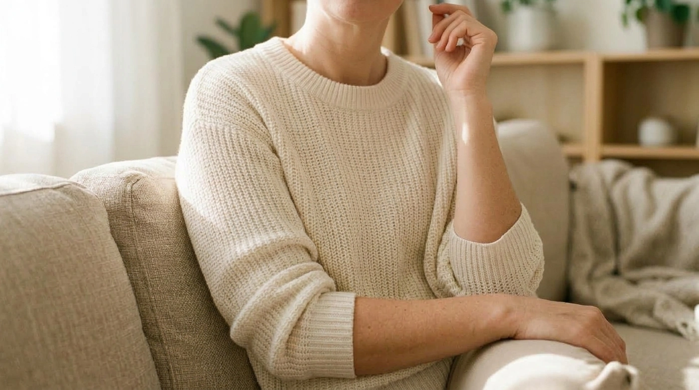 한 손을 얼굴 가까이에 올리고 소파에 앉아 있는 성인, 얼굴은 보이지 않음