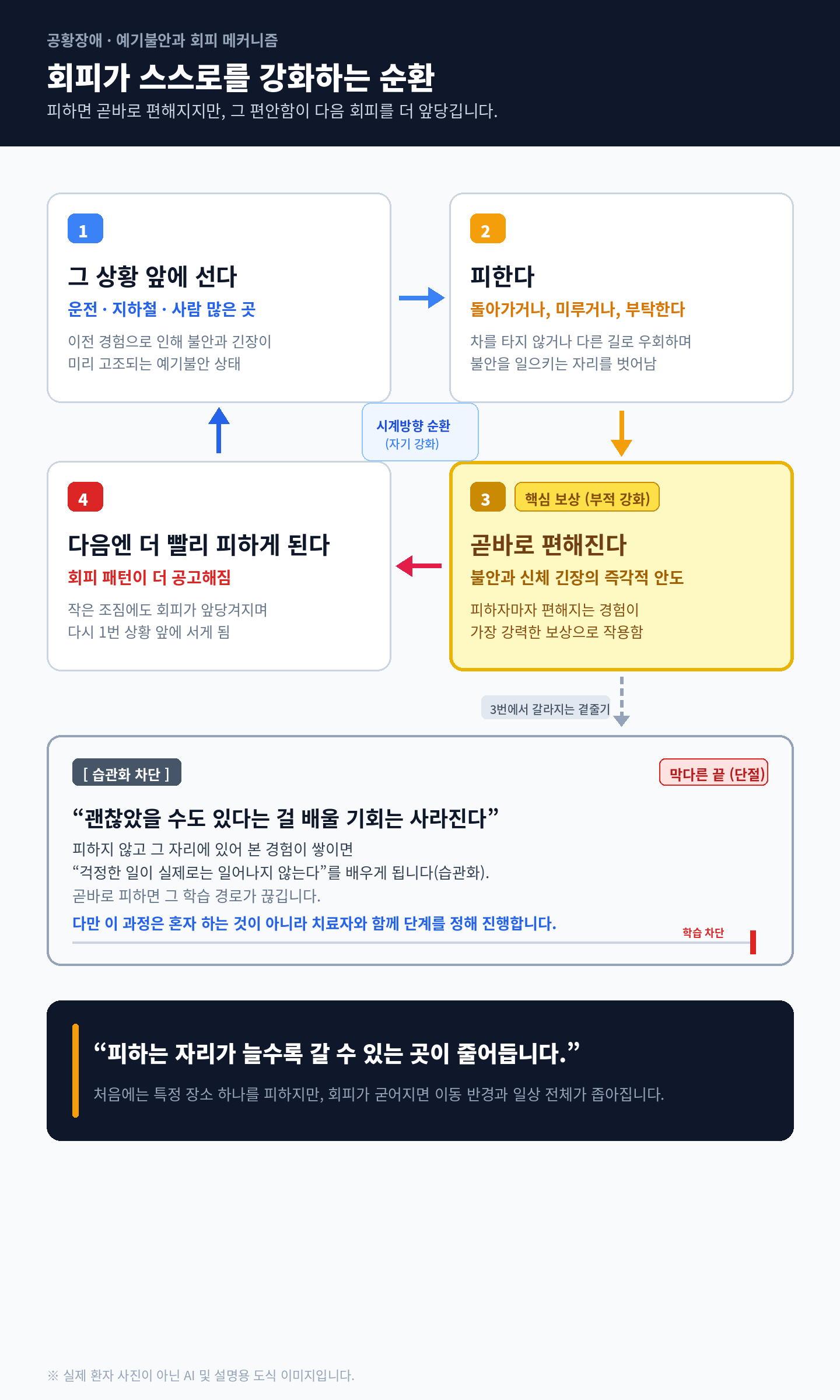 상황을 피하면 곧바로 편해지고 그 편해짐이 다음 회피를 앞당기는 순환, 그리고 그 과정에서 괜찮았을 가능성을 배울 기회가 사라진다는 것을 보여주는 설명 이미지