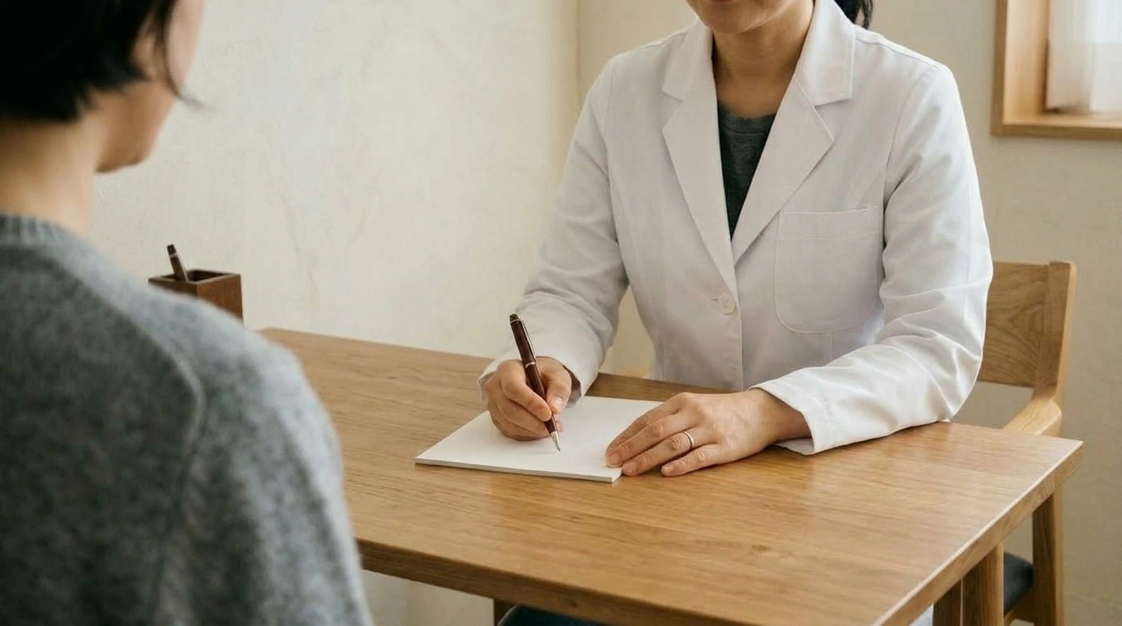 진료실에서 마주 앉아 증상이 있었던 상황을 이야기하는 장면을 표현한 설명용 이미지