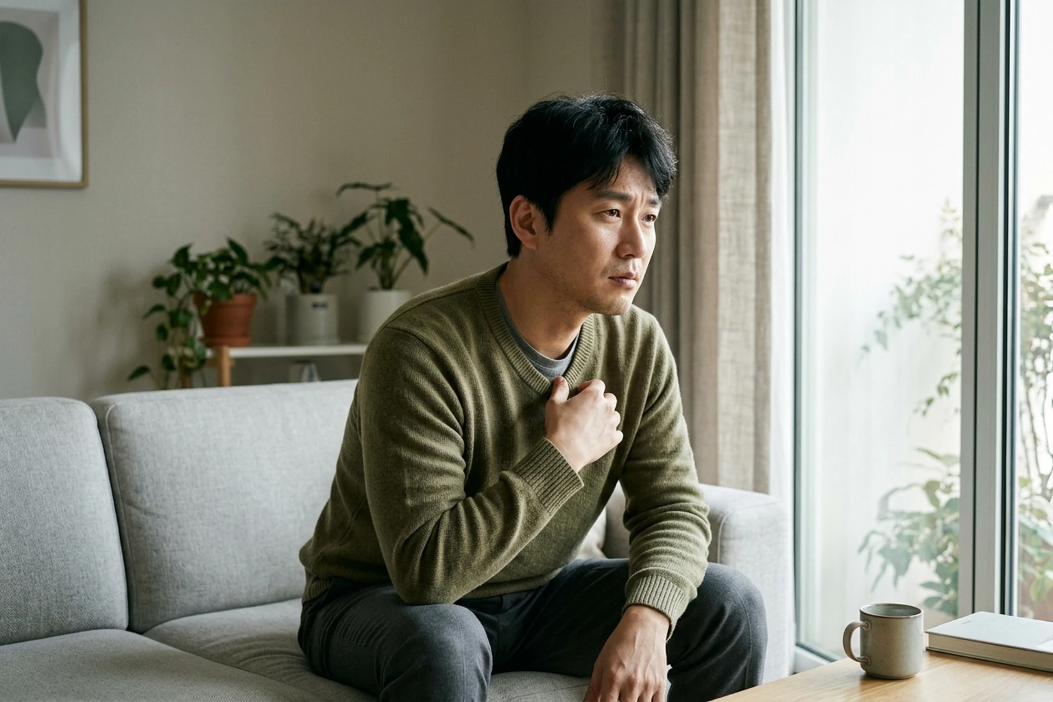 검사가 정상이었는데도 집에서 다시 두근거림을 느껴 쉬고 있는 성인의 설명 장면
