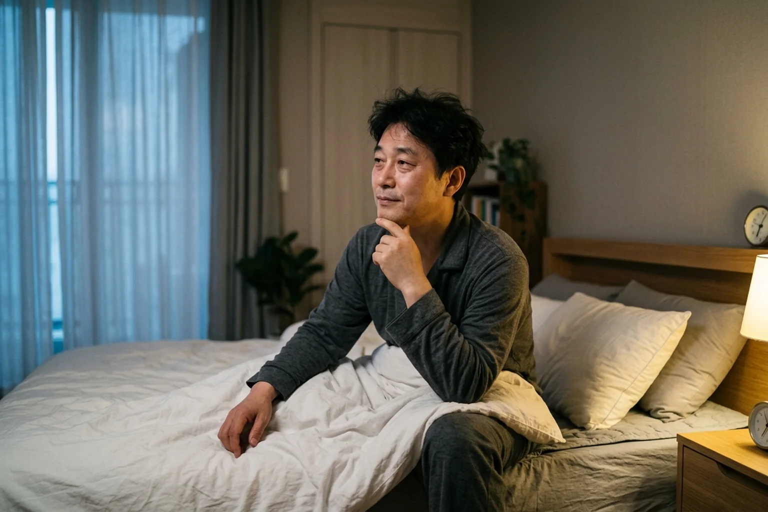 새벽빛이 들어오는 침실에서 잠에서 깬 비식별 성인