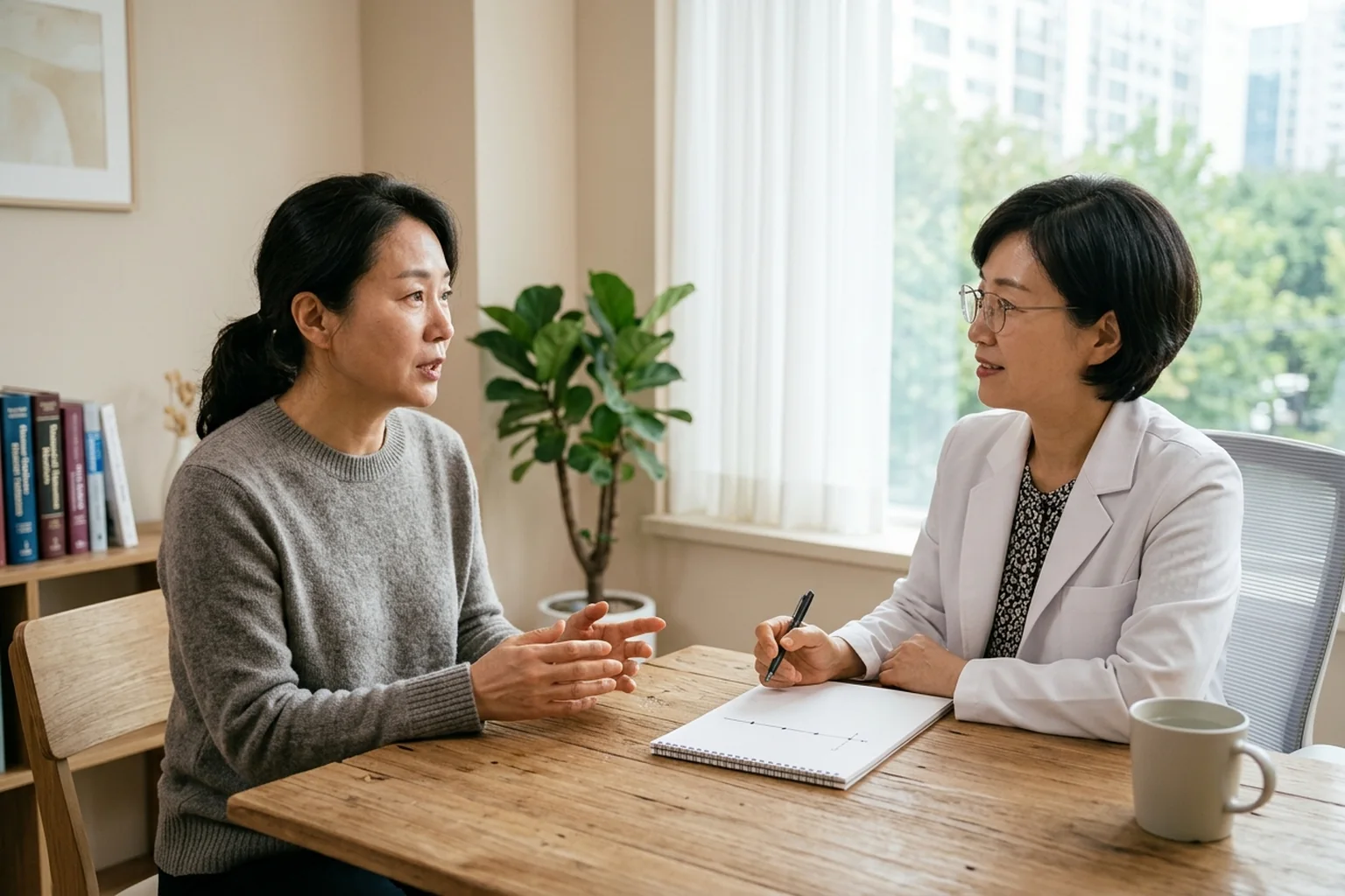 수면 증상의 시작 순서와 동반 증상을 상담하는 비식별 진료 장면