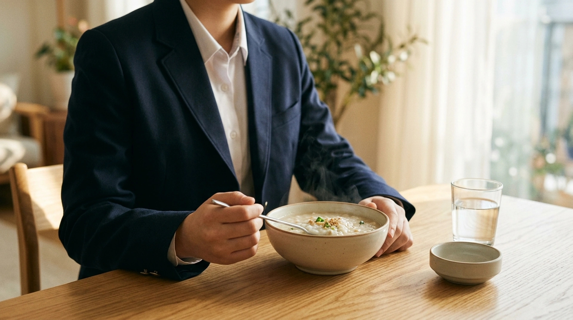 이른 아침 식탁에서 따뜻한 죽과 물을 앞에 두고 앉은 교복 차림 학생의 손과 상반신