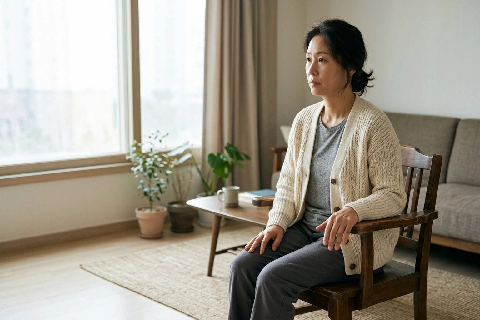 큰 어지럼 뒤 집에서 의자 팔걸이를 짚고 천천히 일어날 준비를 하는 한국인 중년 여성