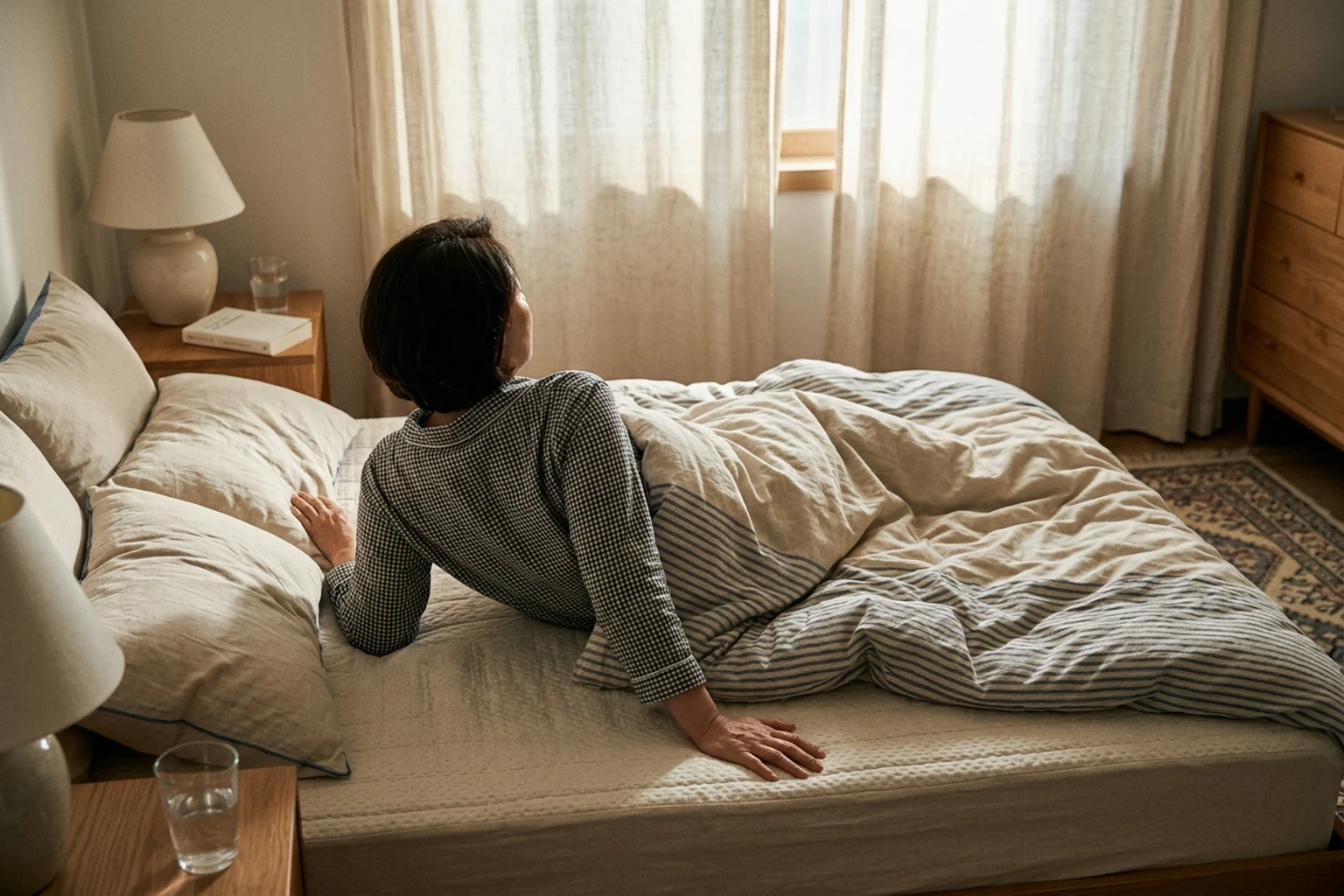 전정신경염 회복 뒤 돌아누울 때 잠깐 도는 어지럼을 느끼는 상황을 표현한 설명 이미지