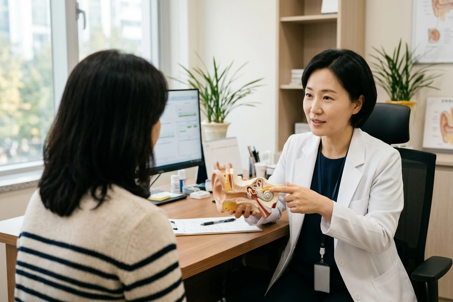 내이 모형을 보며 위치성 어지럼의 원리를 설명받는 상담 장면